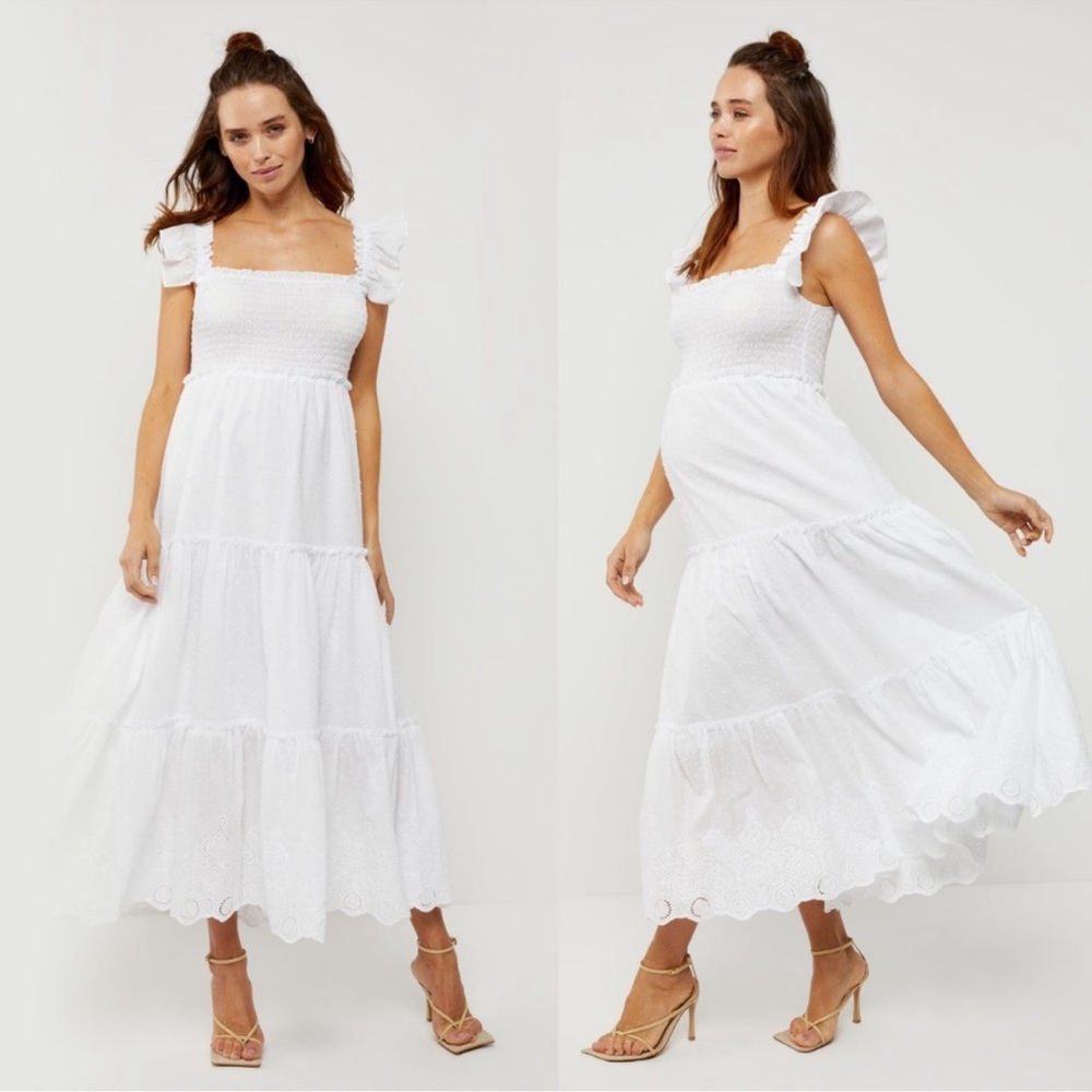 Pietro Brunelli Chloe Ruffle Sleeve Smock Maternity Dress White Swiss Dot NWT-S